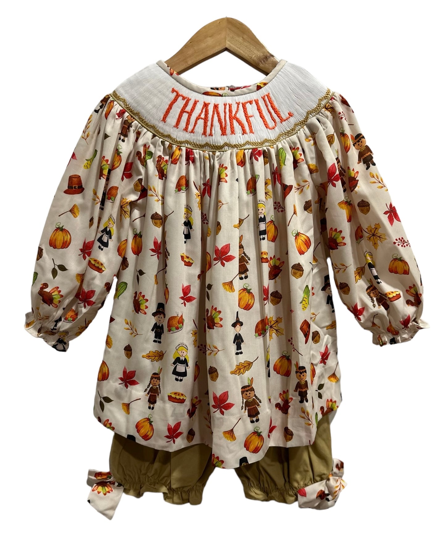 Thankful Thanksgiving Girls Smocked Bloomer Set