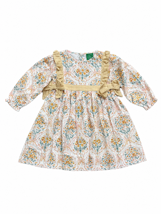Vintage Fall Floral Girls Dress | Long Sleeve Boutique Dress | Cream Cotton Toddler Dress | Ruffle Bow Dress