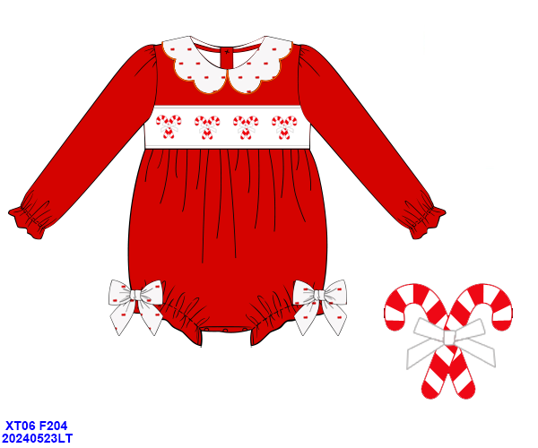 PREORDER-Girl’s Hand Smocked Christmas Candy Cane Bubble