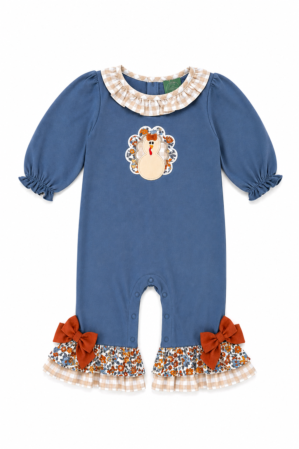 Girls Blue Turkey Appliqué Romper | Boutique Thanksgiving Outfit | Long Sleeve Fall Romper