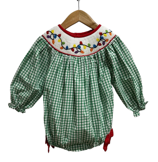 Christmas Hand Smocked Lights Bubble – Green Gingham Baby Bubble | Sister Matching Bloomer Available