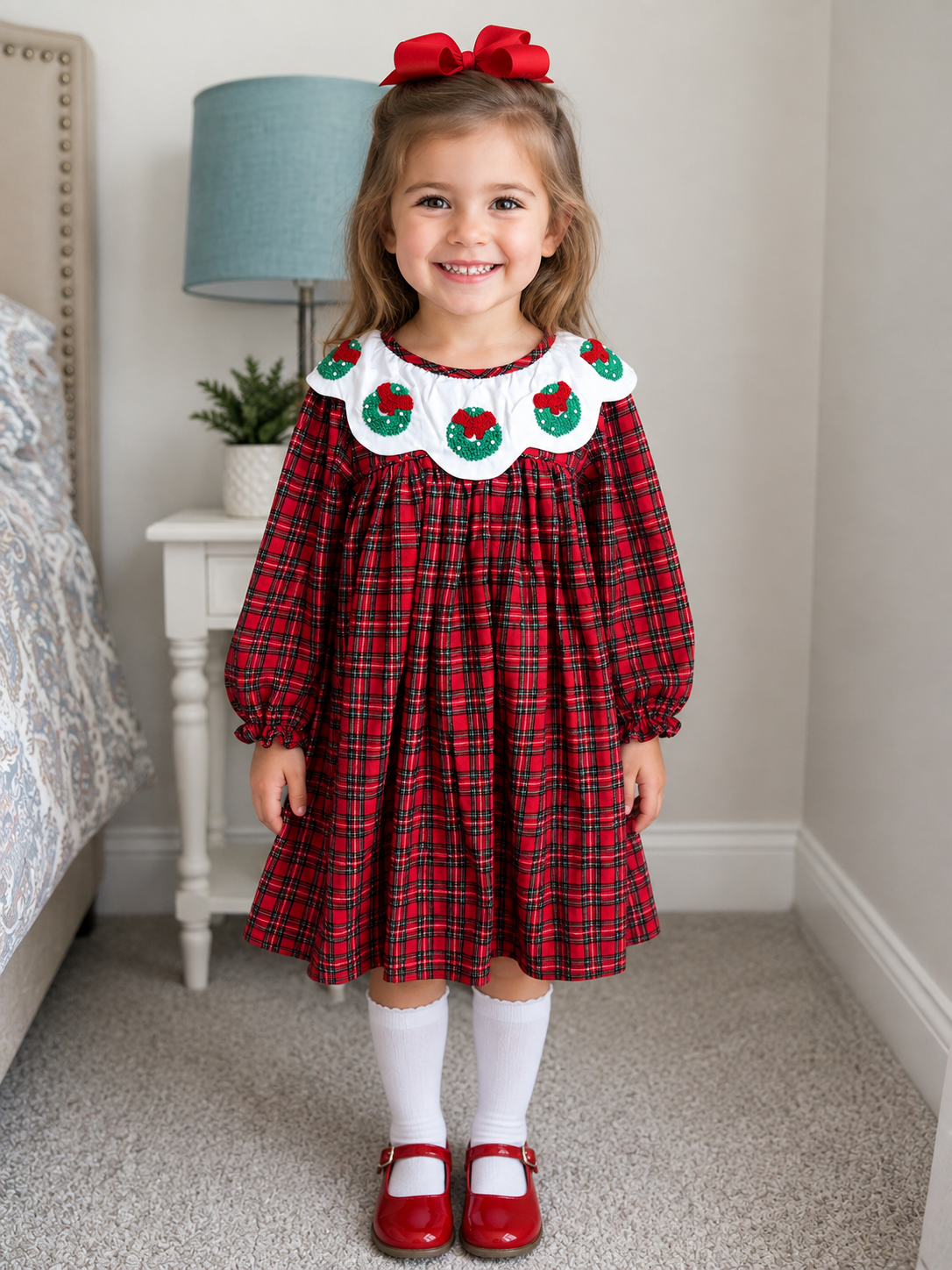 Girls Christmas Wreath French Knot Plaid Dress