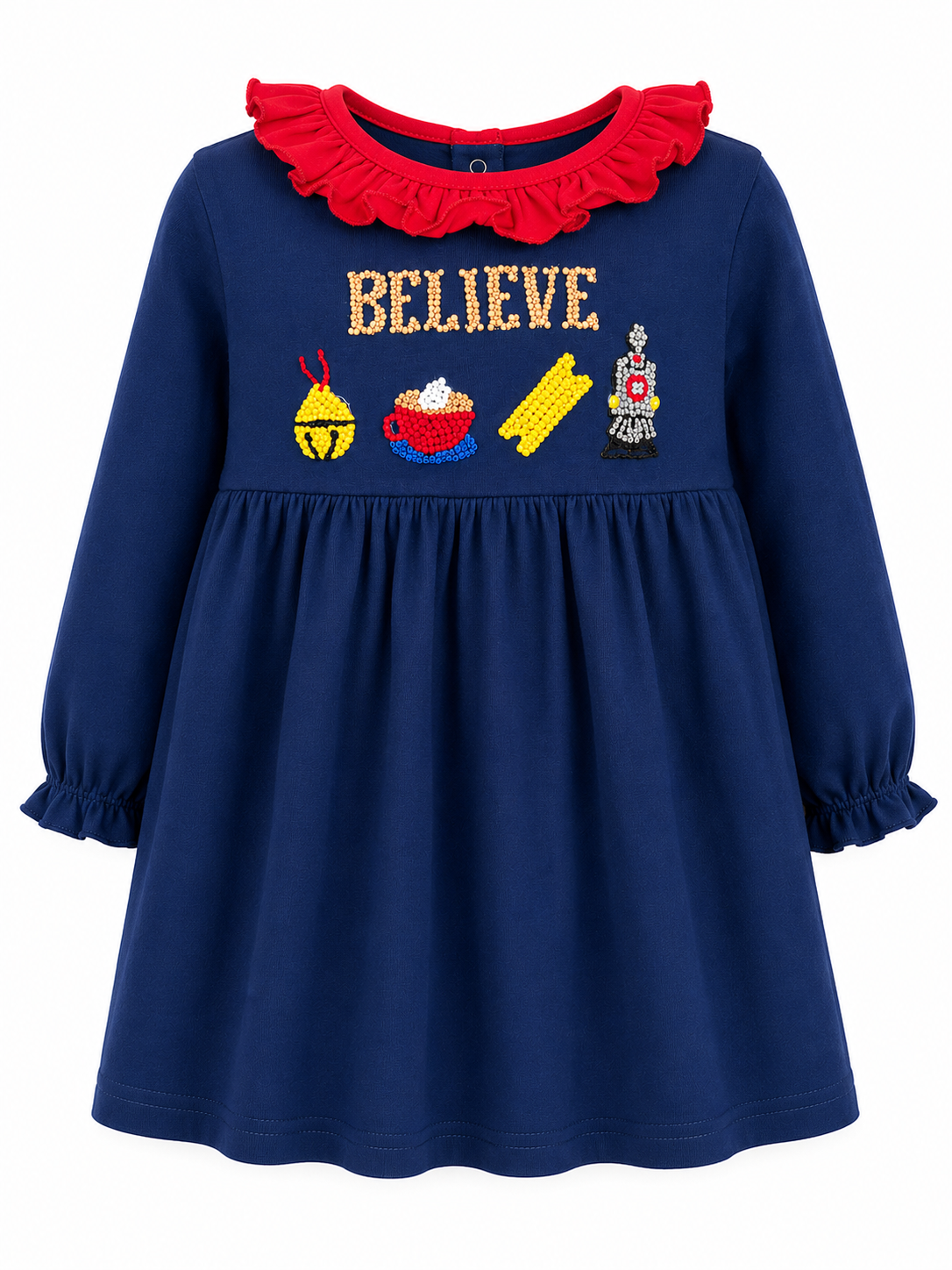 PREORDER-Girl’s Christmas train french knot dress