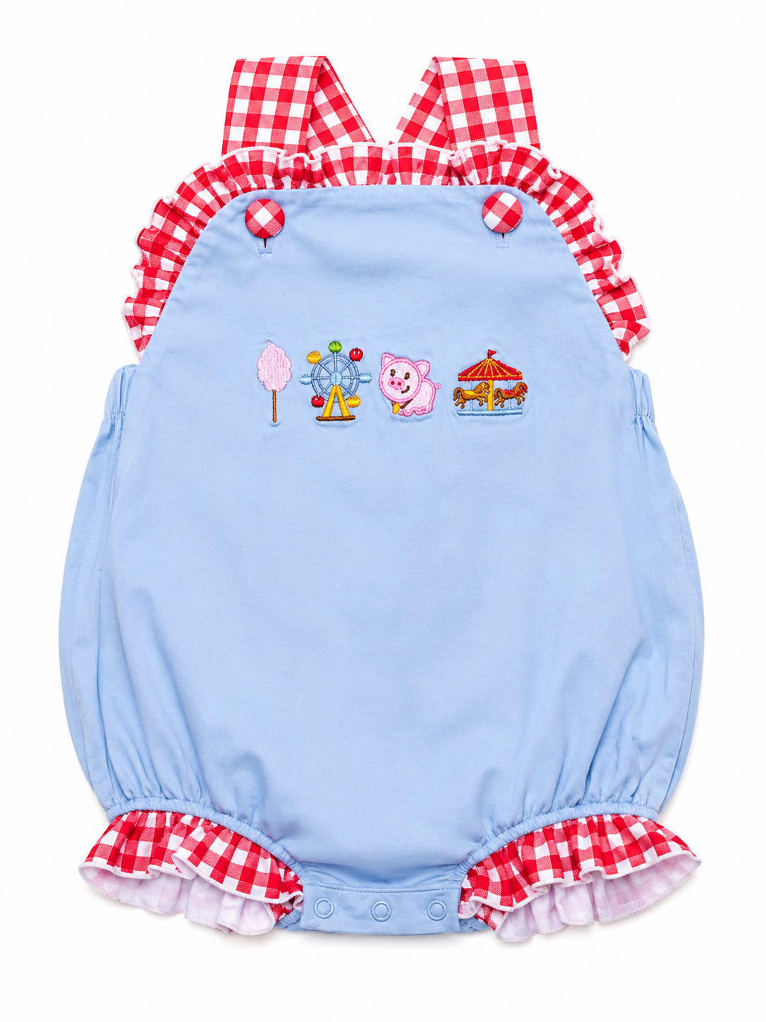 Girls Carnival Cutie Appliqué Bubble Romper – Blue & Red Gingham