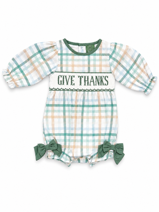 Girls Hand-Smocked “Give Thanks” Plaid Bubble Romper
