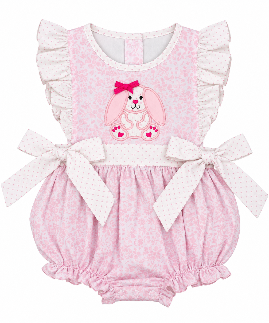 Girls pink Easter bunny appliqué bubble romper with floral print, polka dot ruffles and side bows.