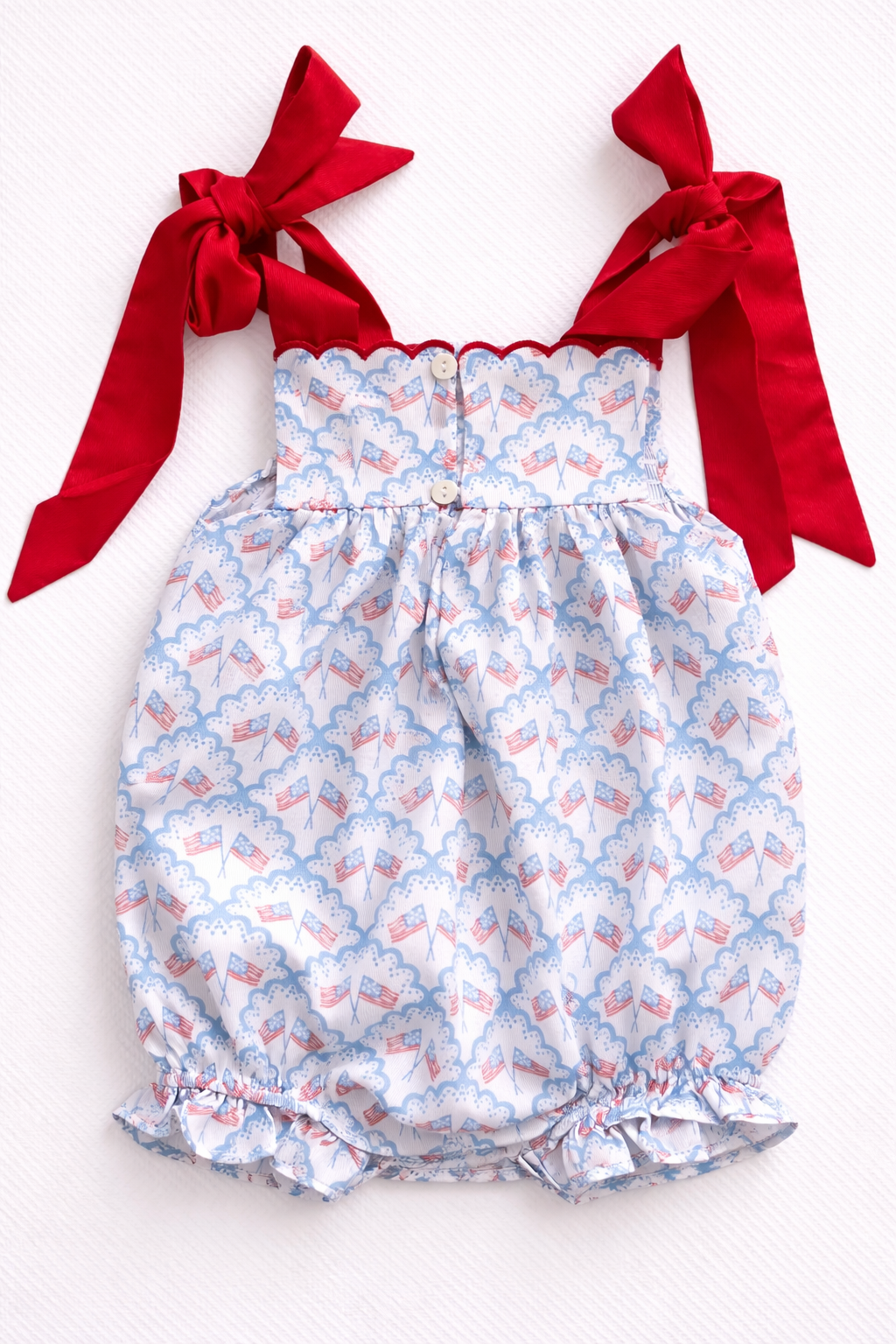 Baby Girl Patriotic Flag Bubble – 4th of July Outfit with Red Bow Straps | Sister Match Available