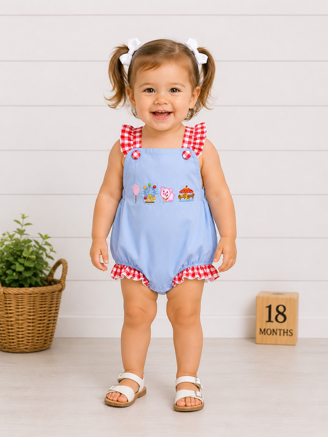 Girls Carnival Cutie Appliqué Bubble Romper – Blue & Red Gingham