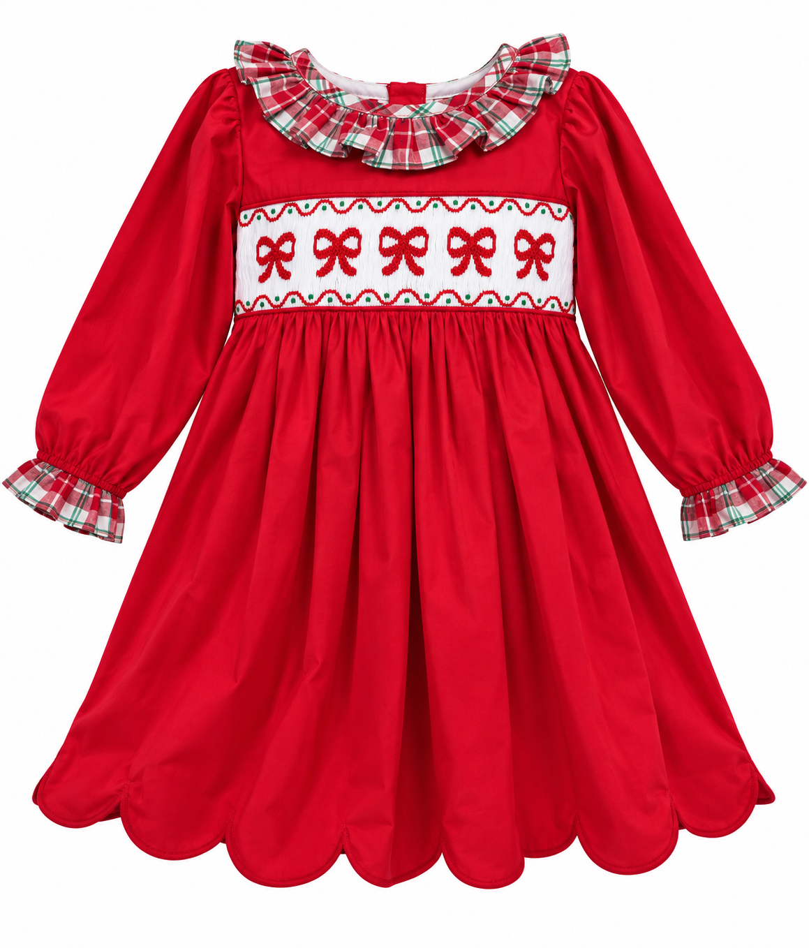 Girls red hand-smocked Christmas bow dress with plaid ruffle collar and cuffs, long sleeves, and scalloped hem.