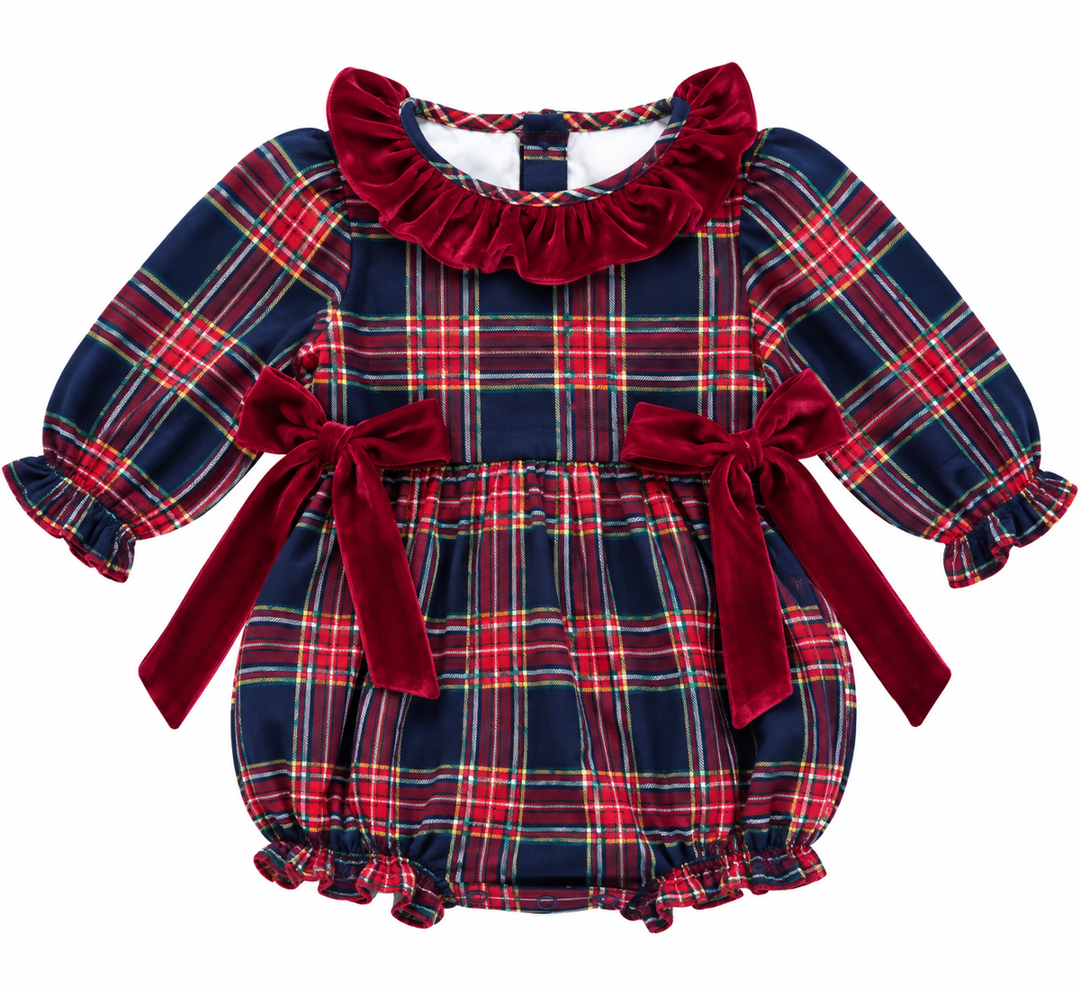 Girls navy plaid Christmas bubble romper with deep burgundy velvet ruffle collar and side bows.