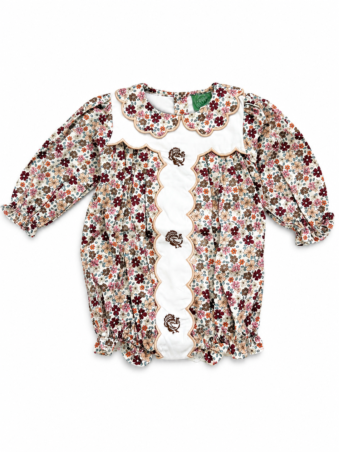 Girls Hand Embroidered Turkey Fall Floral Bubble Romper