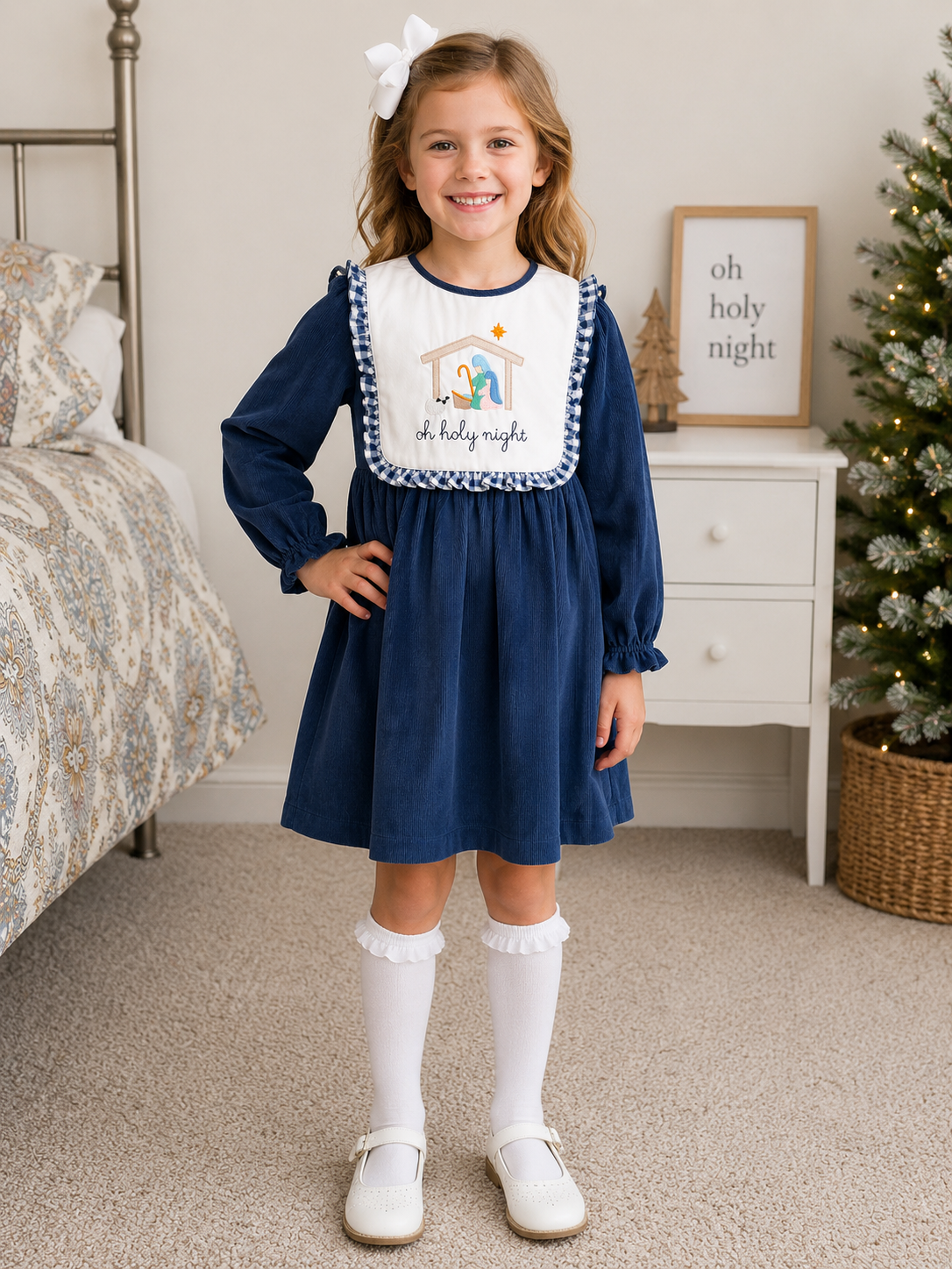 Girls O Holy Night Nativity Embroidered Navy Corduroy Christmas Dress