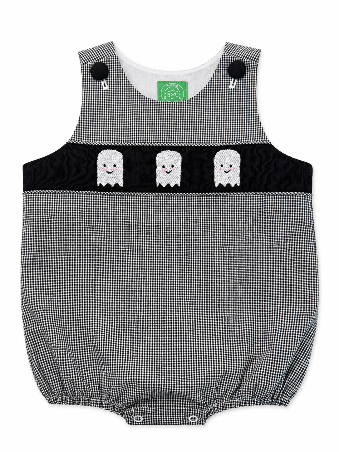 Boys Hand Smocked Ghost Bubble | Black & White Gingham Halloween Romper