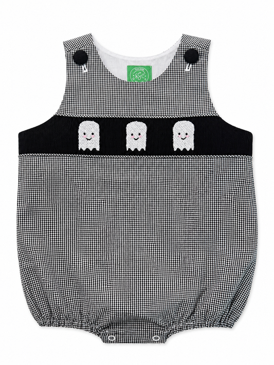 Girls Hand Smocked Ghost Bubble | Black & White Gingham Halloween Romper