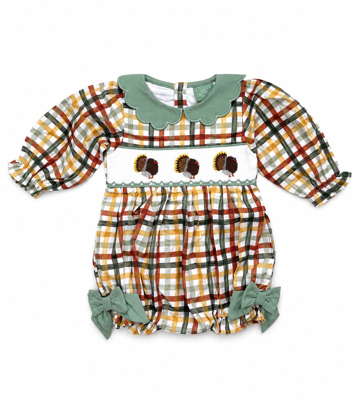 Girls Hand Smocked Thanksgiving Turkey Plaid Bubble Romper