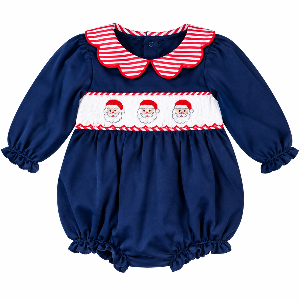 Navy blue long-sleeve baby girl Christmas bubble romper featuring three hand-smocked Santas, a red and white striped scalloped collar, and ruffled leg openings on a white background.
