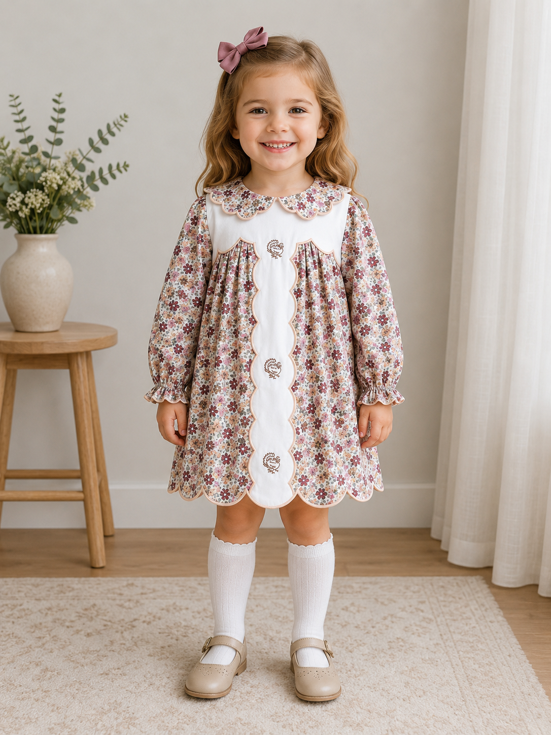 Girls Hand Embroidered Turkey Floral Dress | Thanksgiving Fall Dress