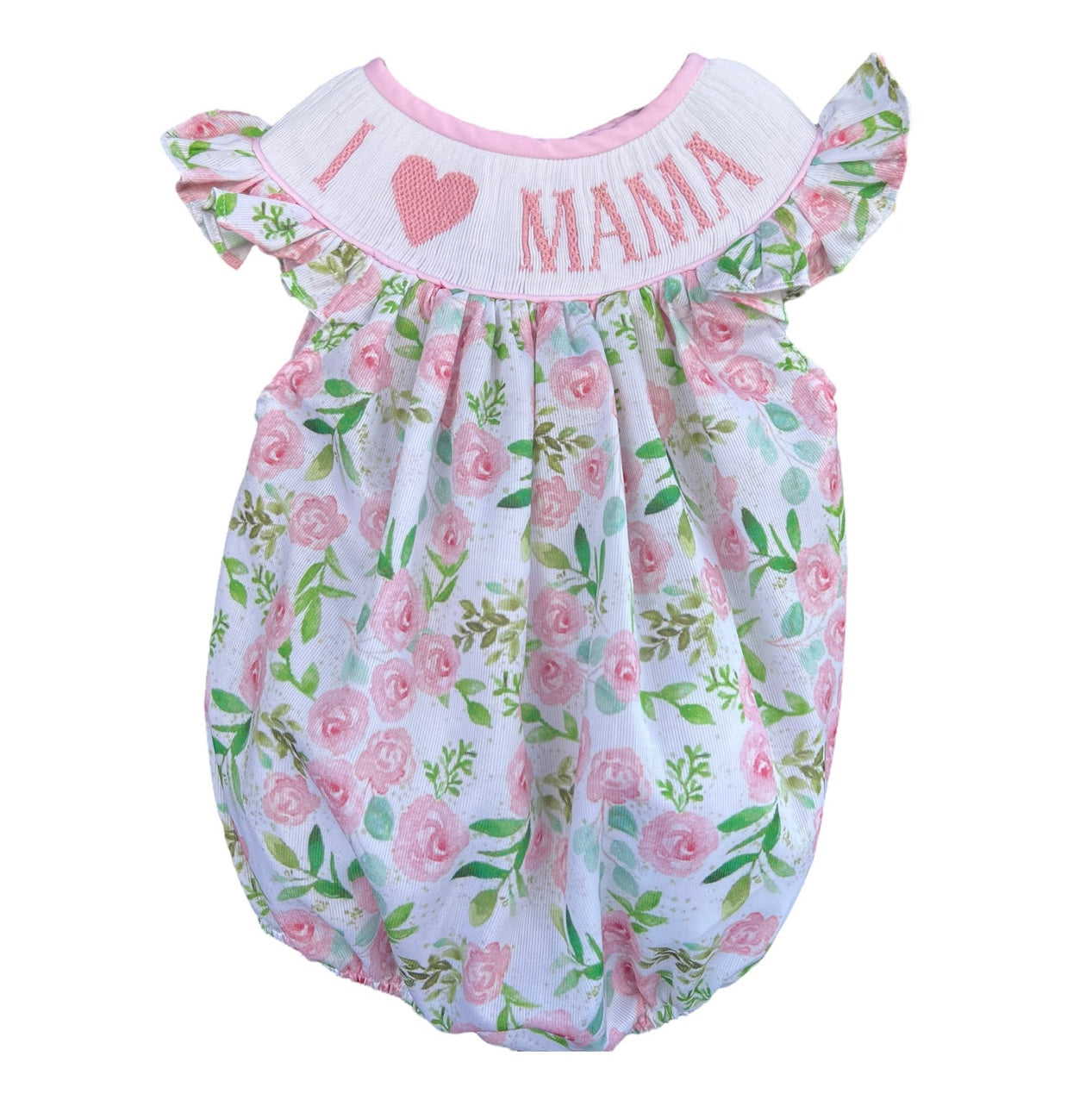 I Love Mama Smocked Bubble | Matching Sister Bloomer Set Available