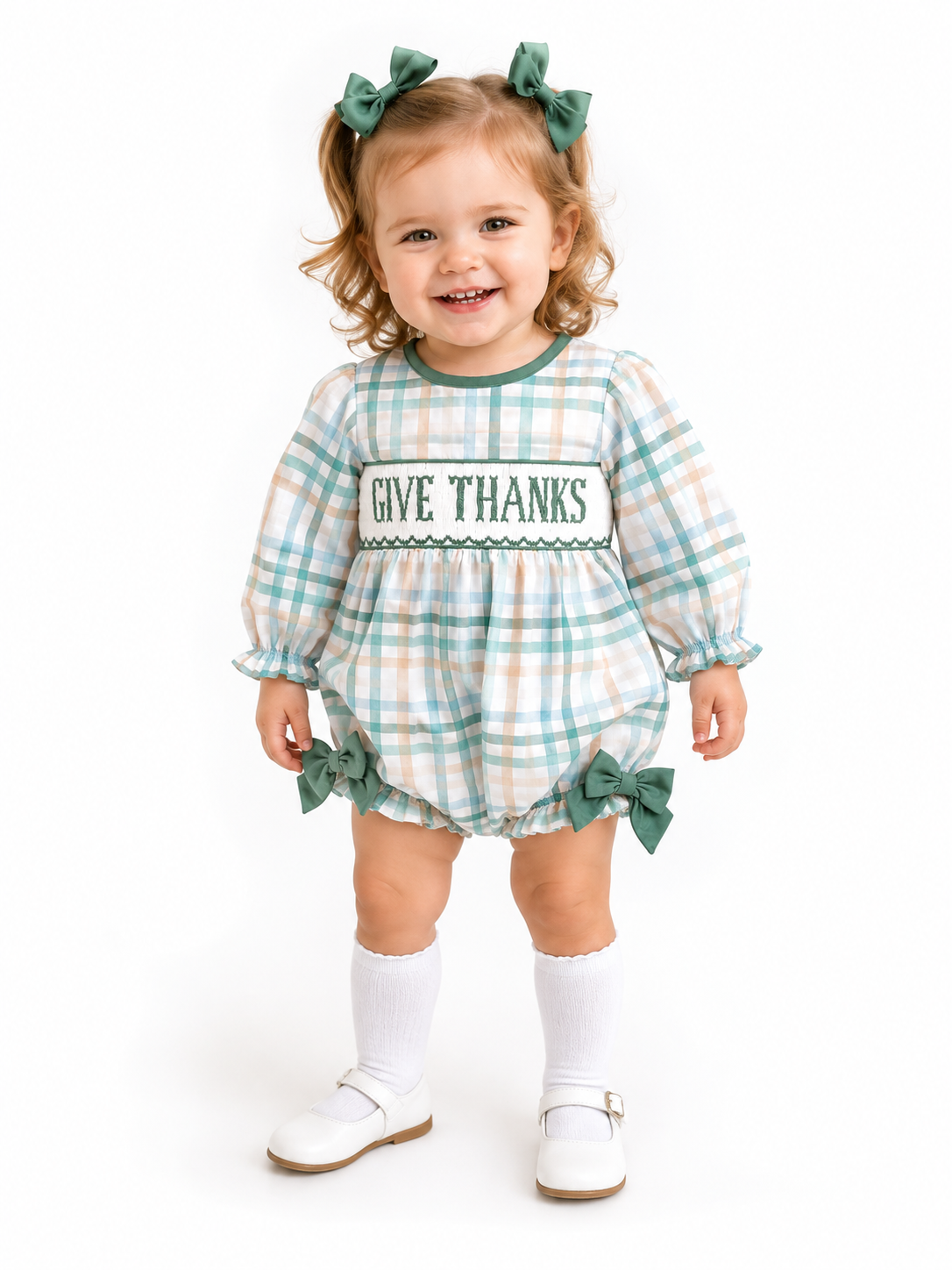 Girls Hand-Smocked “Give Thanks” Plaid Bubble Romper