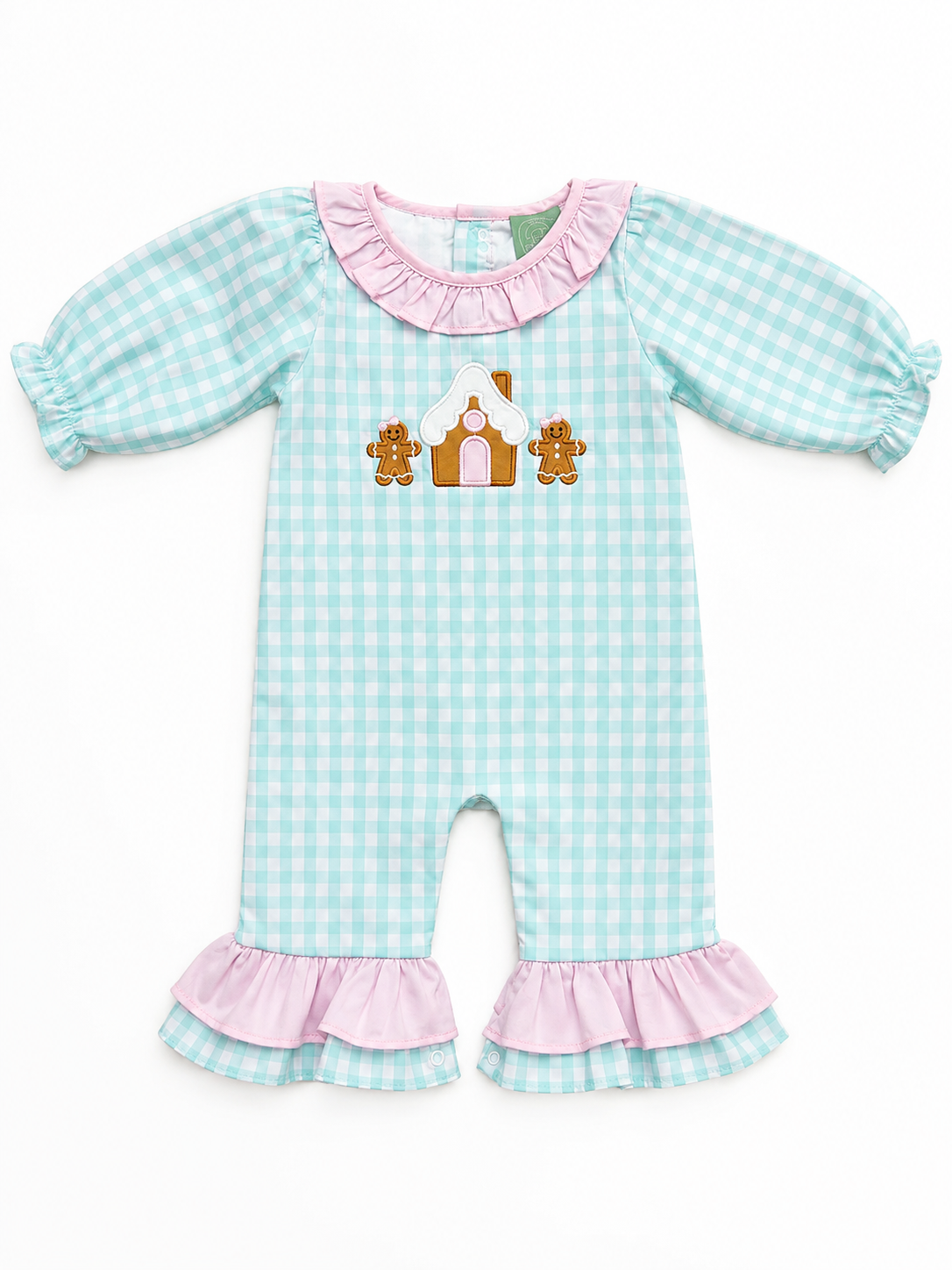 Girls Gingerbread Christmas Gingham Romper – Mint & Pink