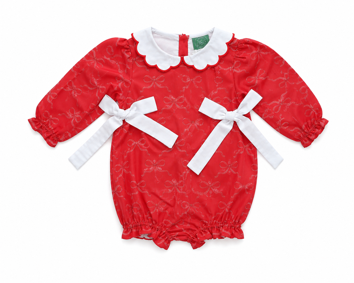 Girls Red Christmas Bow Bubble with Scalloped Collar