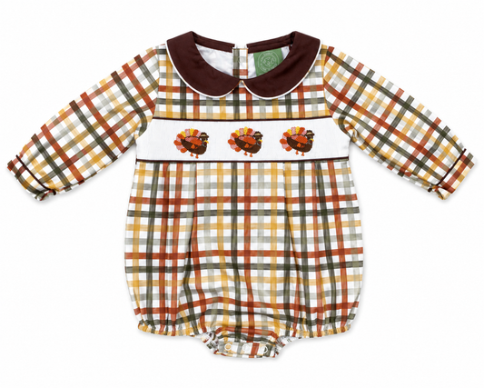 Boys Hand Smocked Turkey Plaid Bubble Romper with Peter Pan Collar