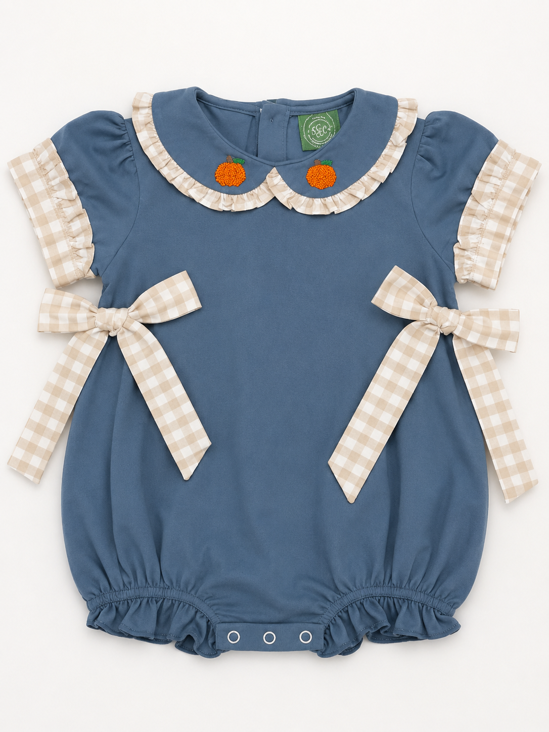 Girls Blue Pumpkin French Knot Bubble | Blue & Khaki Gingham Fall Romper
