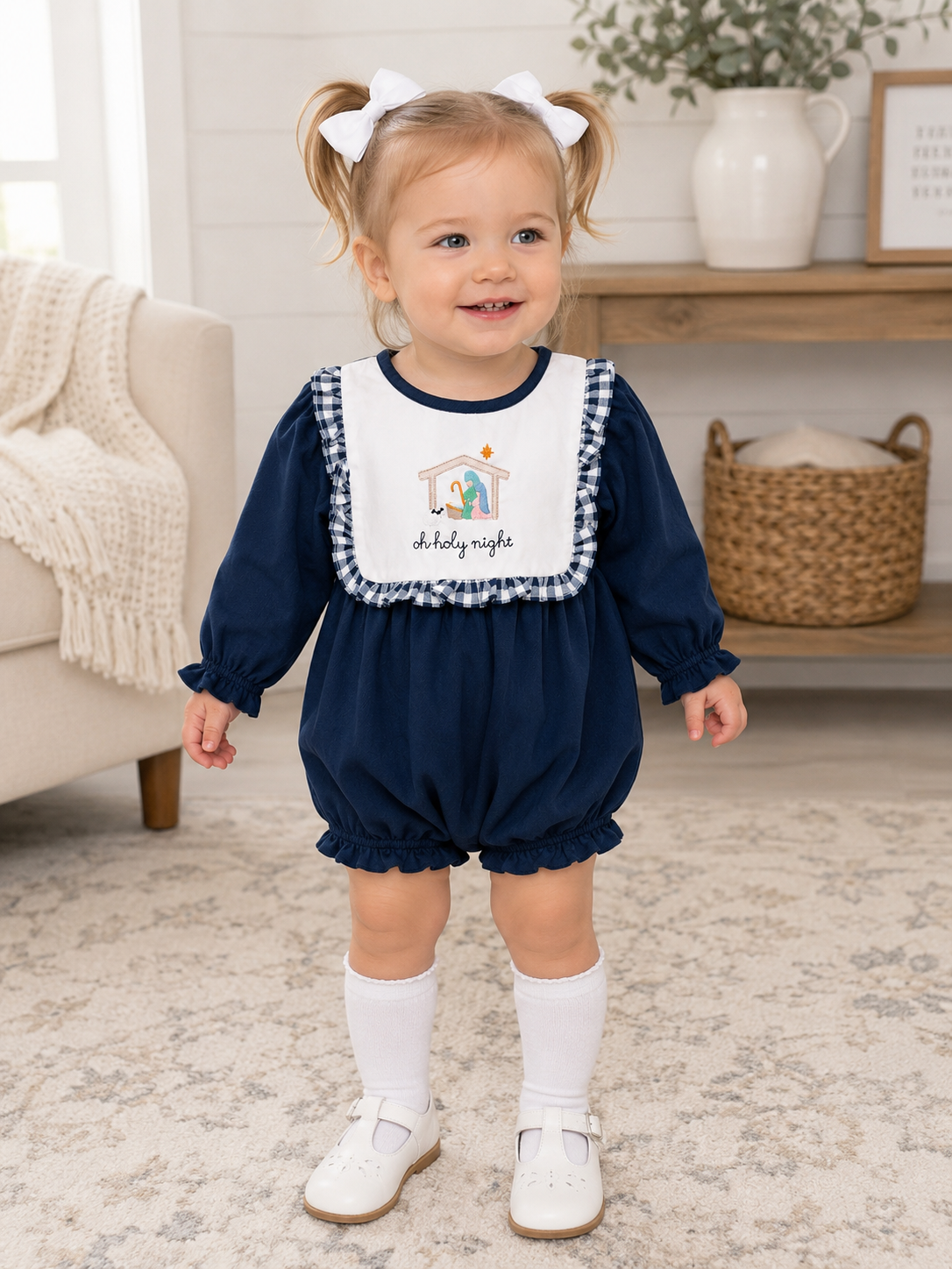 Girls O Holy Night Nativity Embroidered Navy Corduroy Christmas Bubble