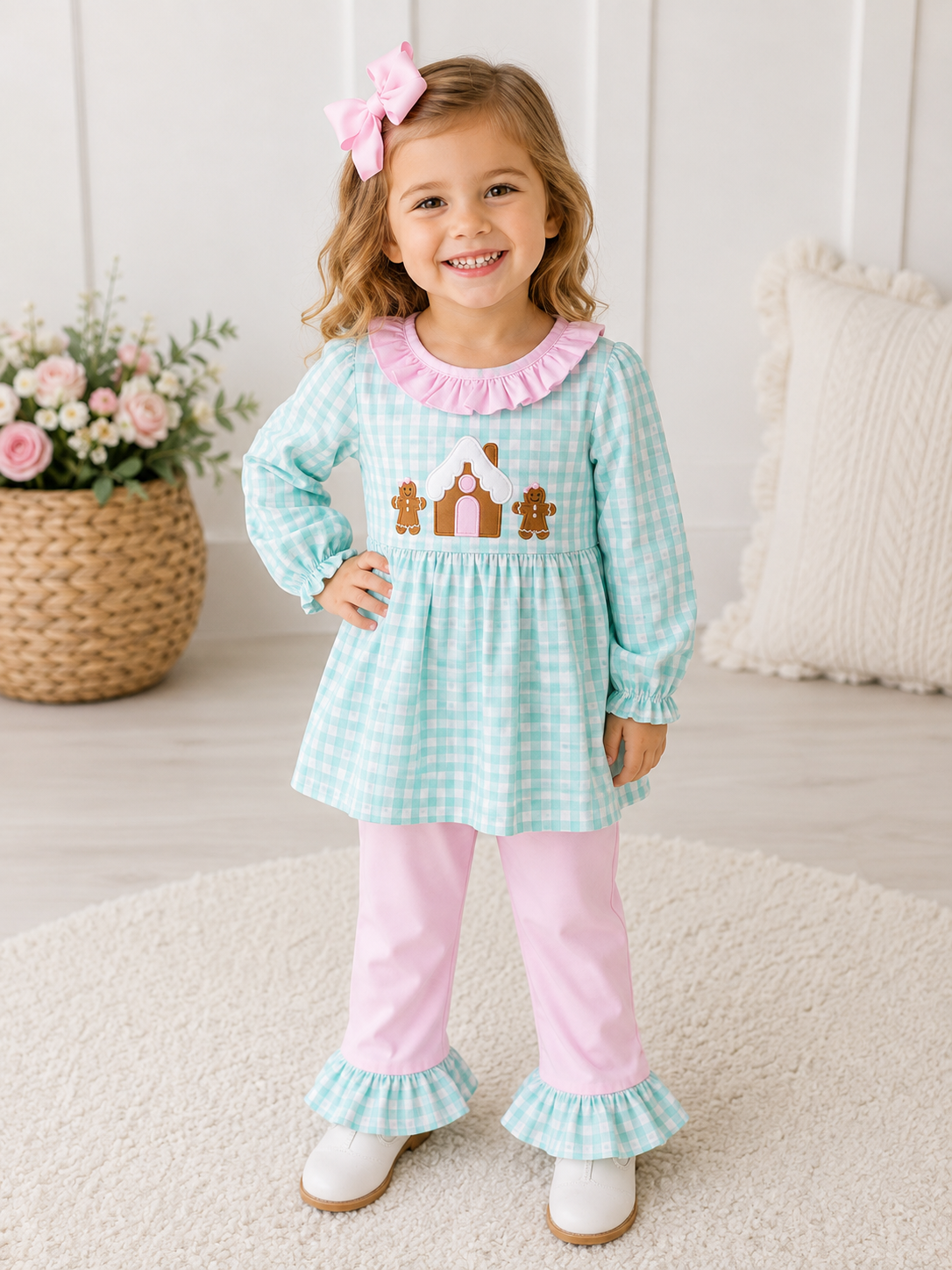 Girls Gingerbread Christmas Gingham Pants Set – Mint & Pink
