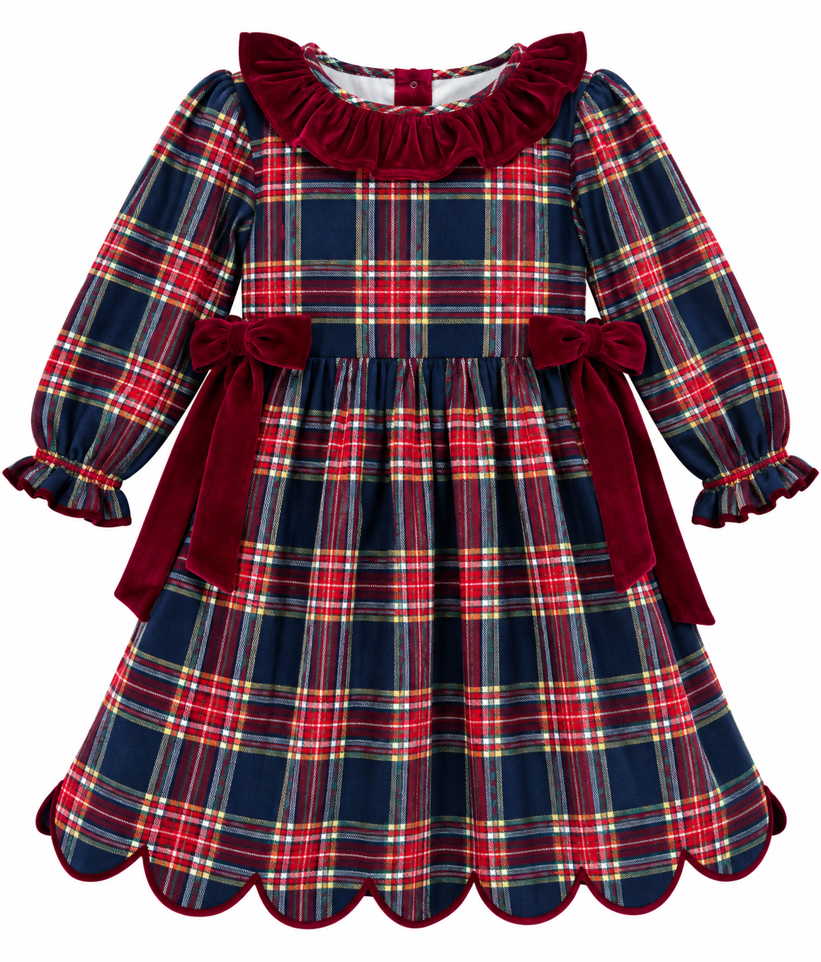 Girls Navy Plaid Christmas Dress with Burgundy Velvet Bows