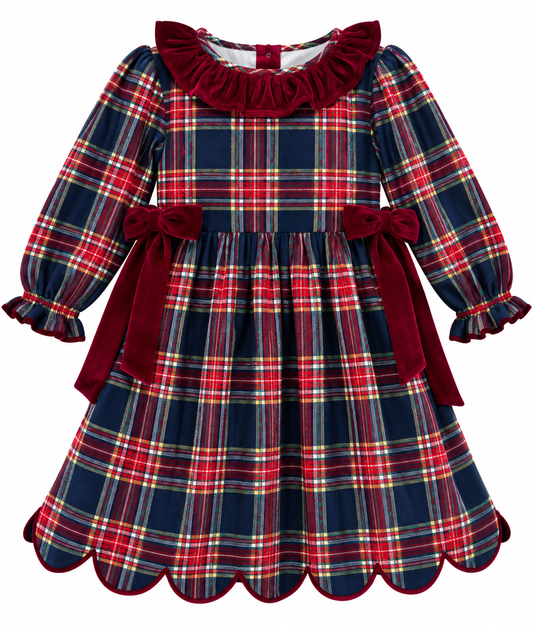 Girls Navy Plaid Christmas Dress with Burgundy Velvet Bows