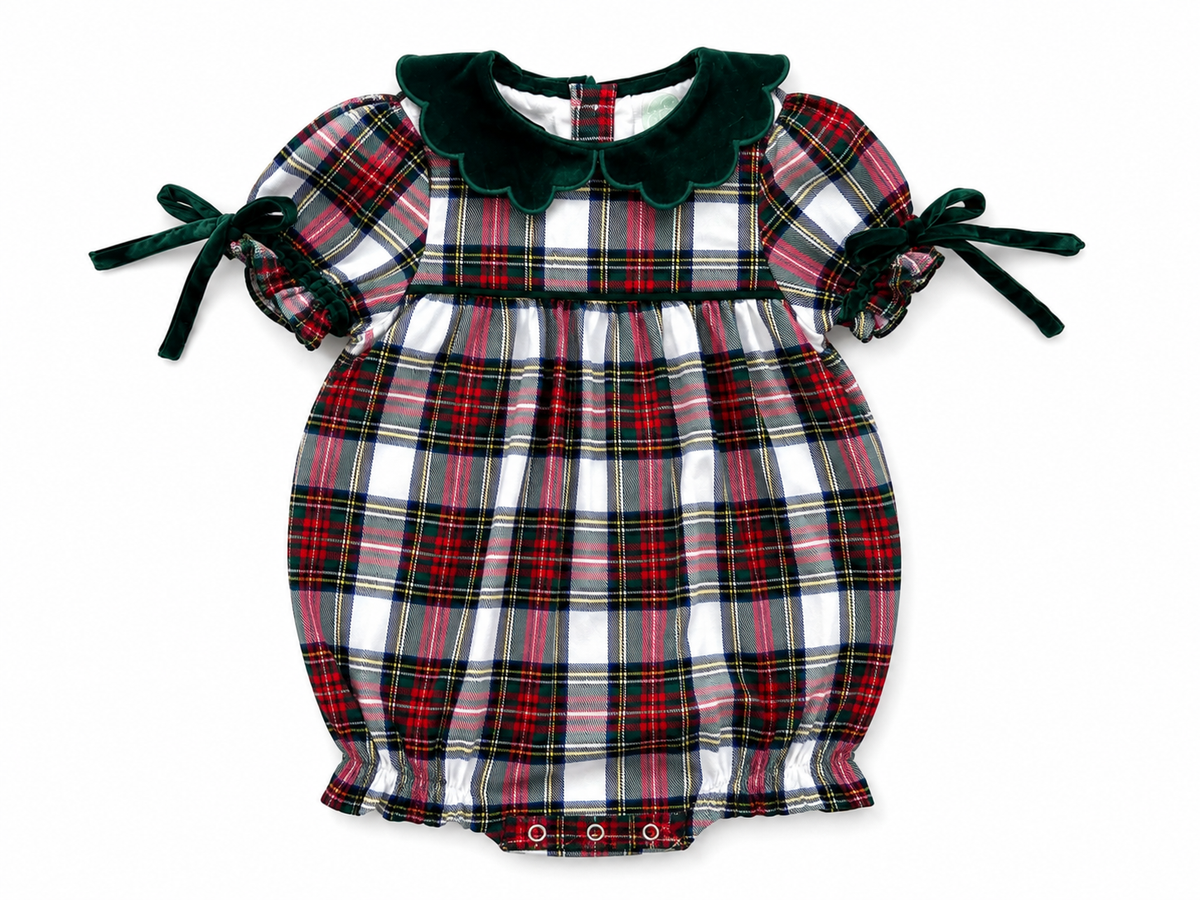 Girls Classic Christmas Plaid Velvet Collar Bubble
