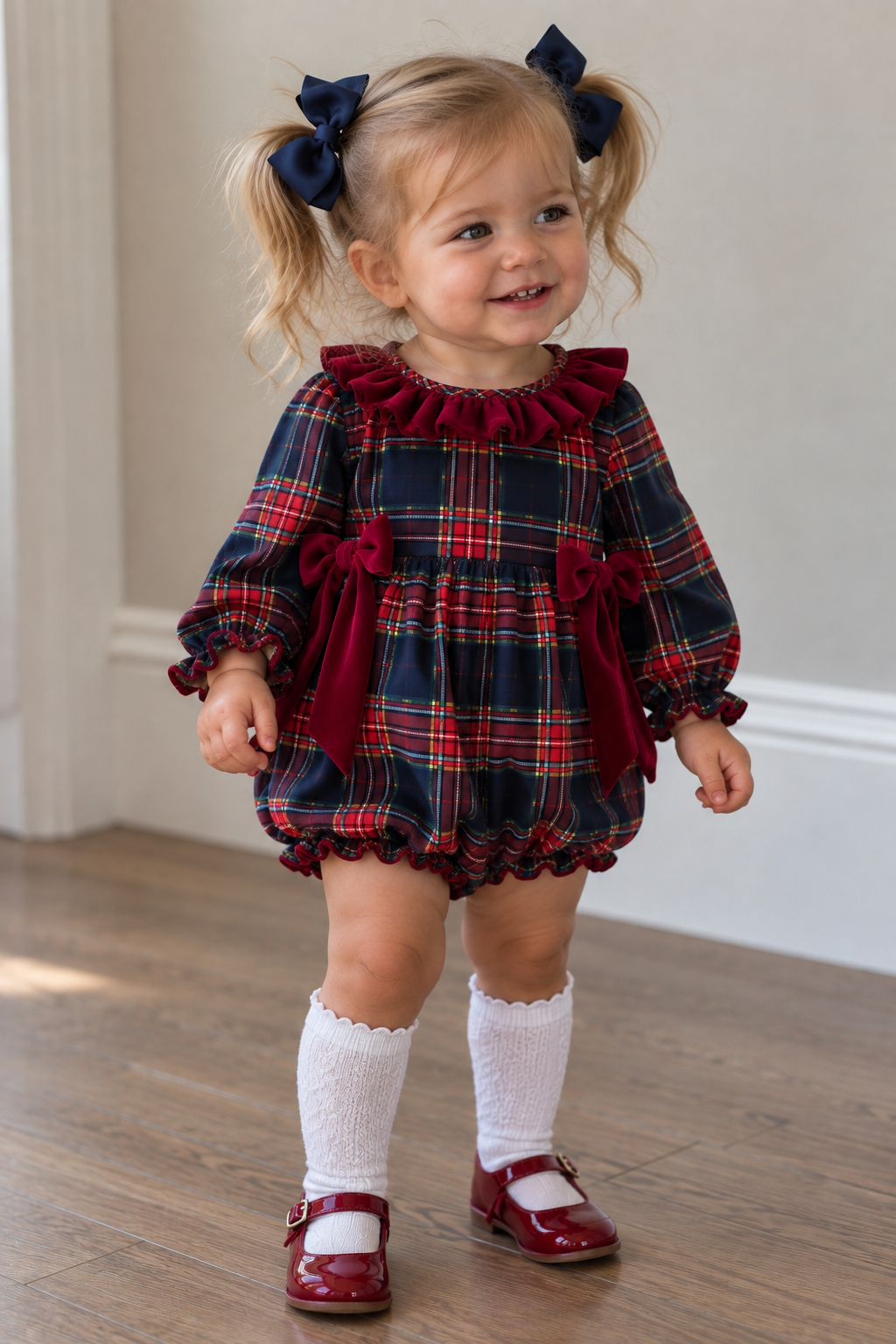 Girl wearing plaid Christmas bubble
