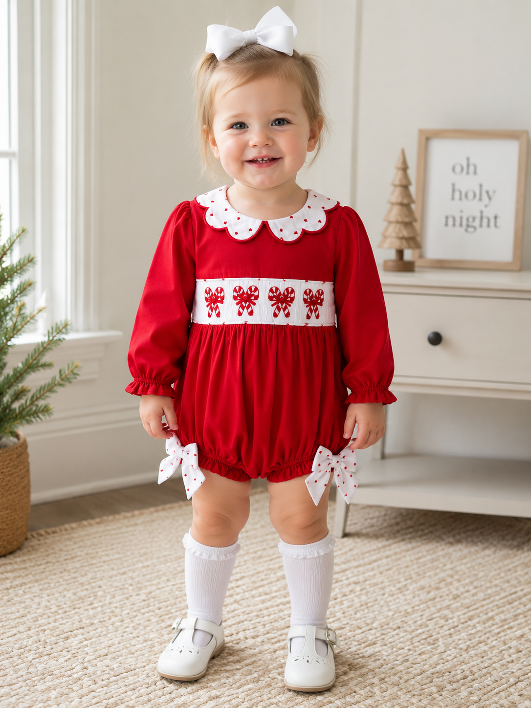 Girls Hand-Smocked Candy Cane Bow Red Christmas Bubble