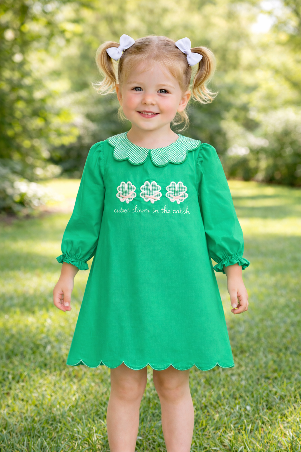 St. Patrick’s Cutest Clover Appliqué Girls Dress | Green Scalloped Hem Boutique Dress