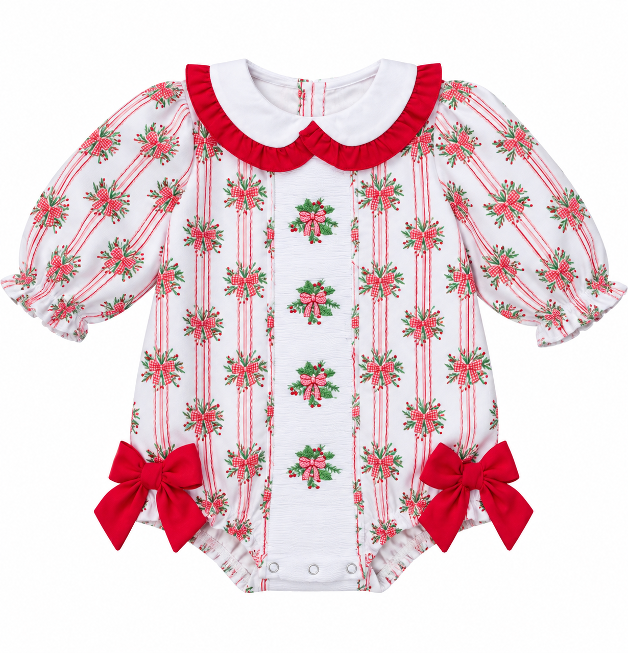 Girls Smocked Holly Bow Christmas Bubble