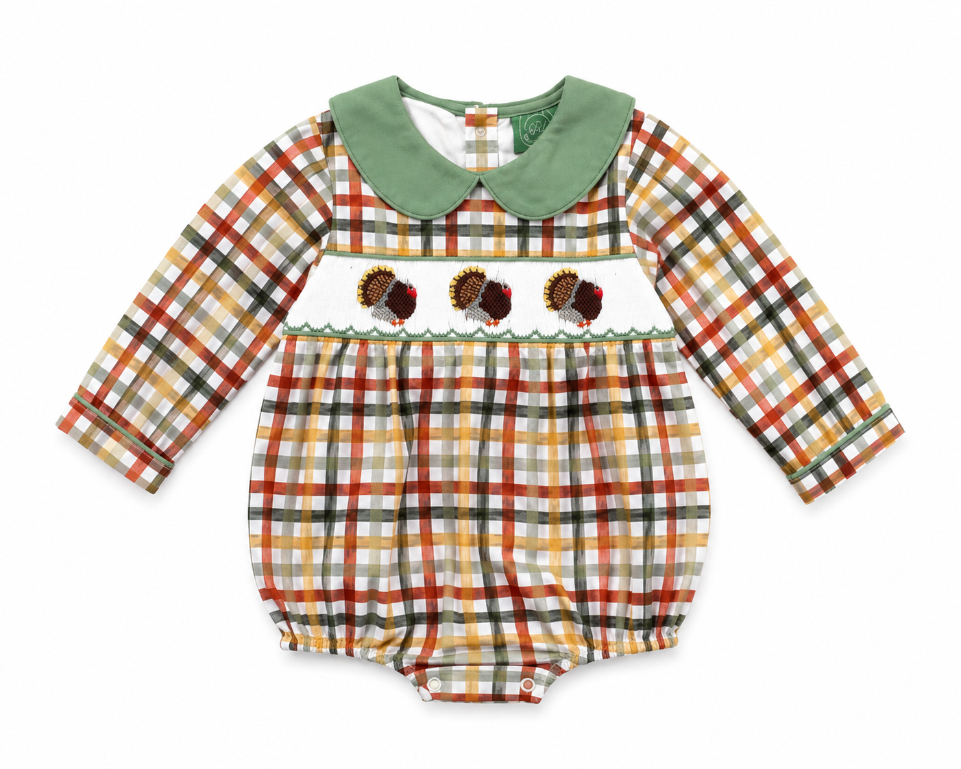 Hand Smocked Boy's Turkey Plaid Bubble Green Collar