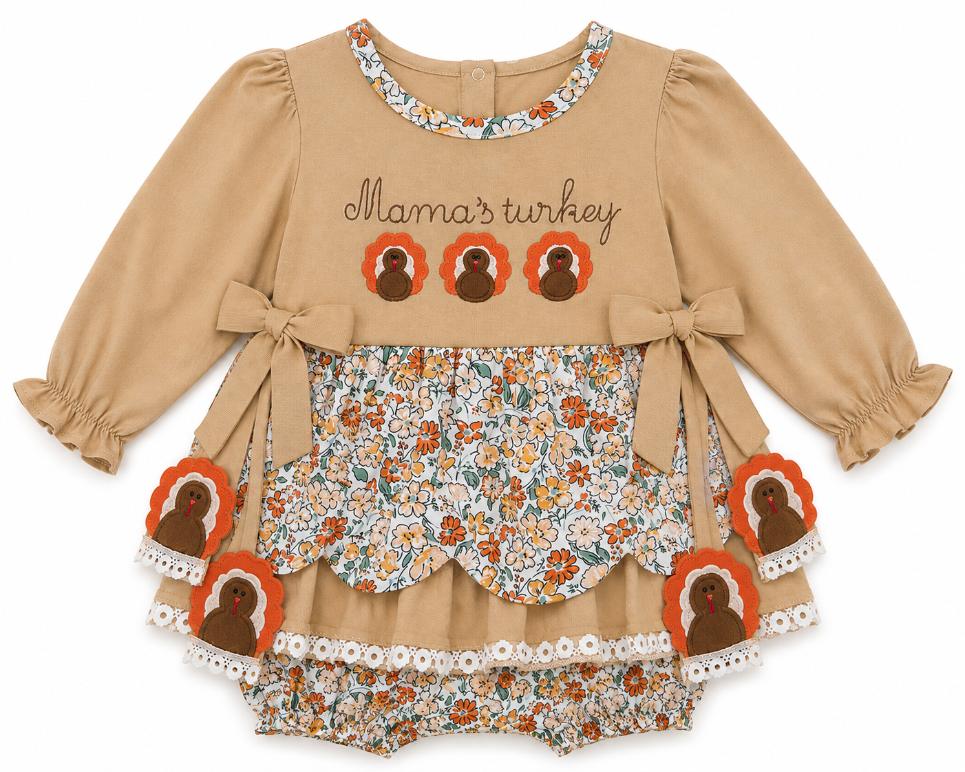 Girls Mama’s Turkey Thanksgiving Skirted Bubble Romper