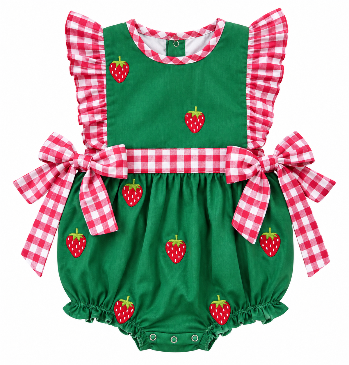 Green strawberry embroidered baby girl bubble romper with red and white gingham ruffles and side bows.