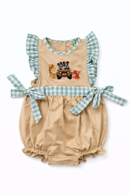 Safari Mouse Appliqué Girls Bubble – Green Gingham Side Tie Romper