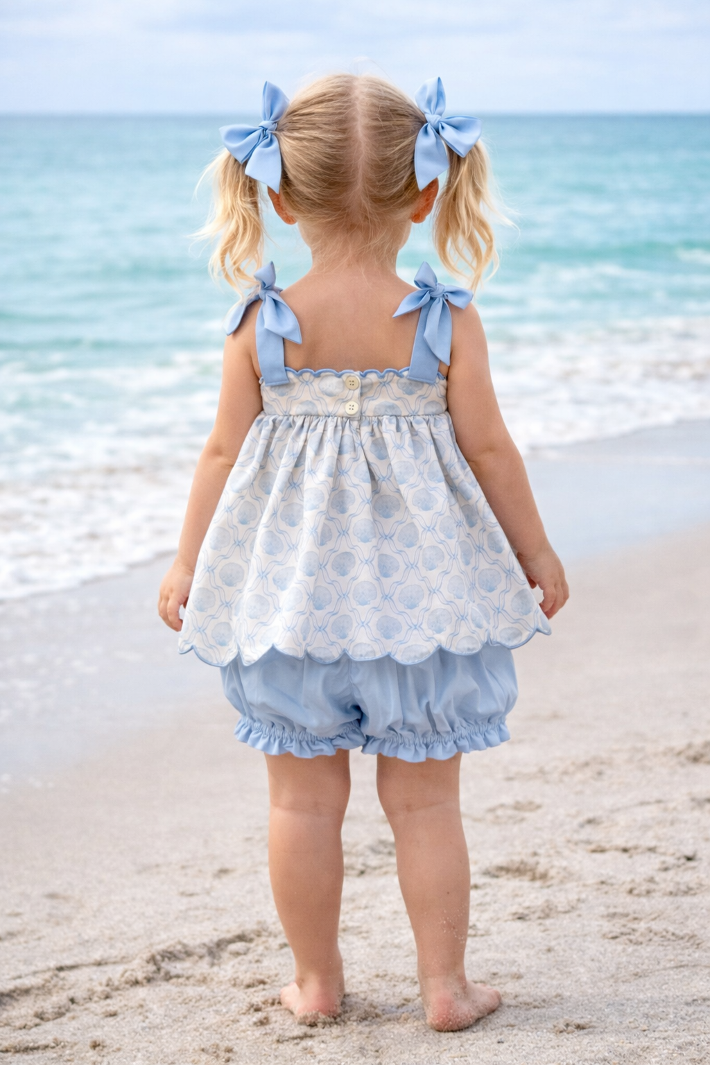 Hand Smocked Blue Seashell Bloomer Set – Beach Print Tie Shoulder Sunsuit