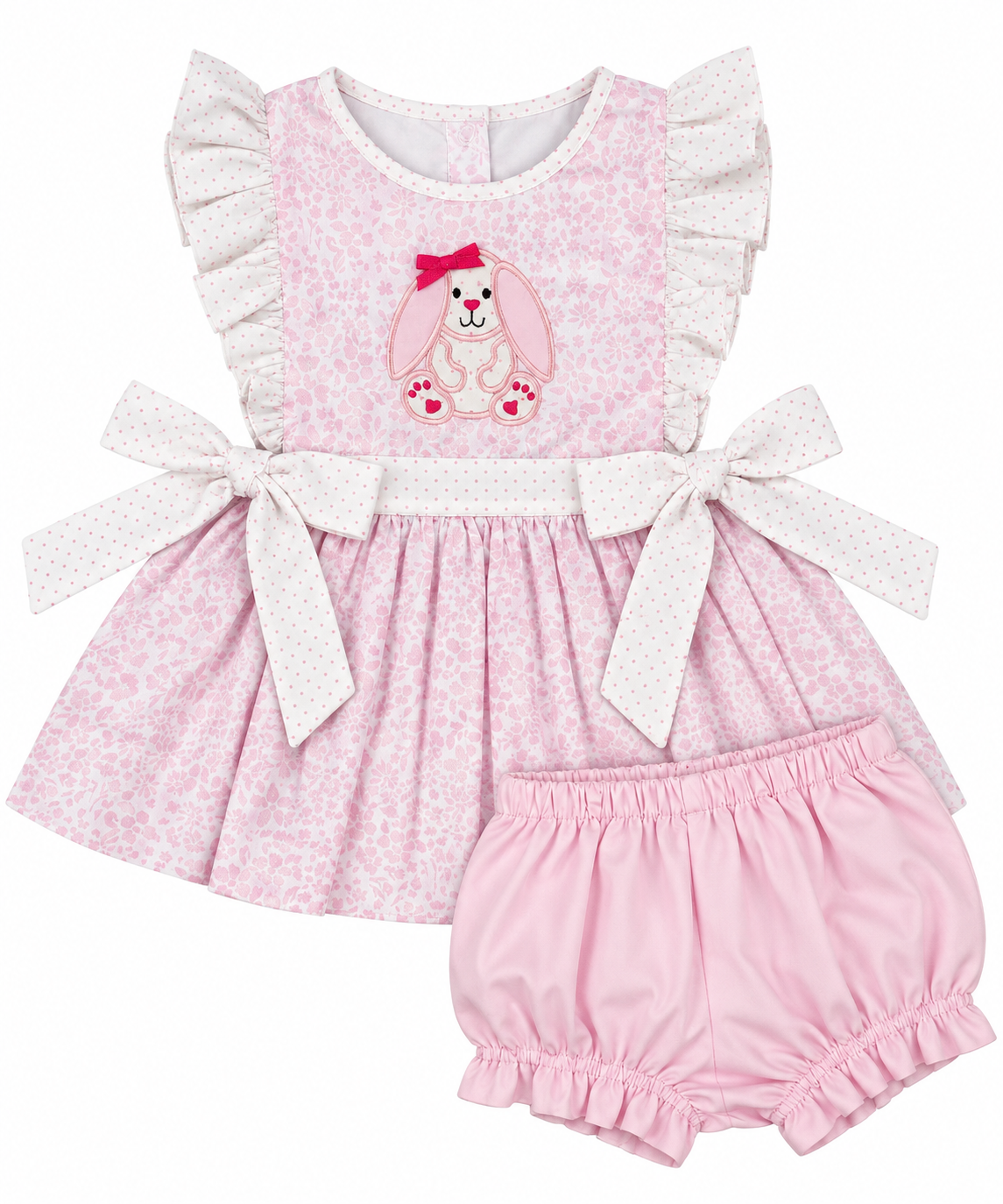 Girls pink Easter bunny floral dress and bloomer set with flutter sleeves and side bows.