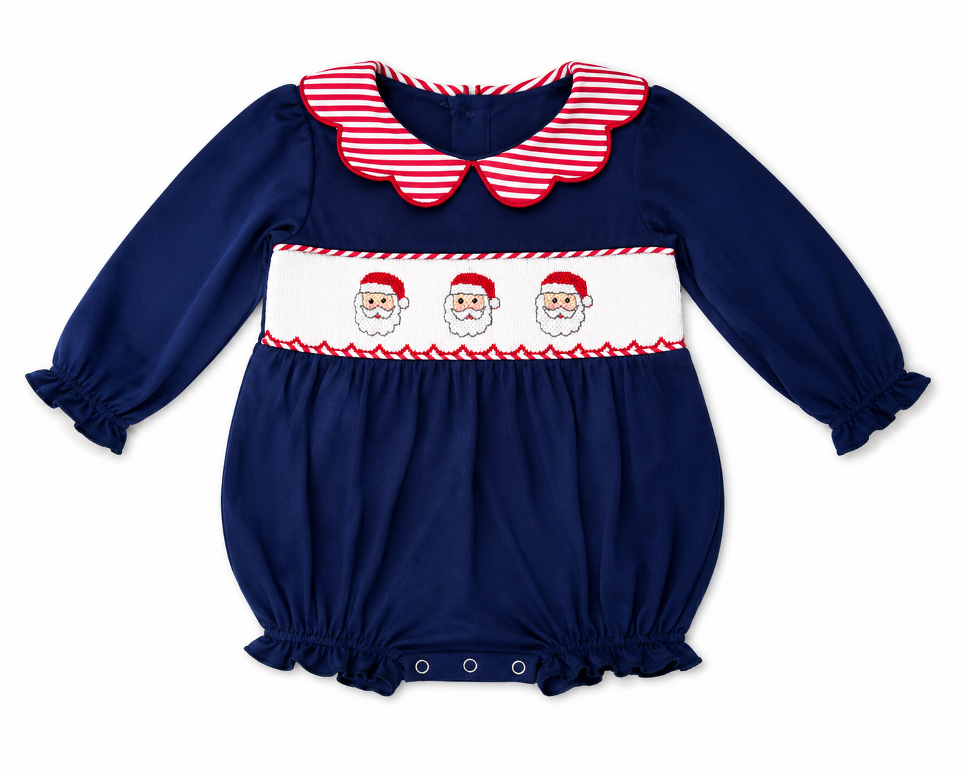 Girls Hand Smocked Santa Christmas Bubble – Navy & Red
