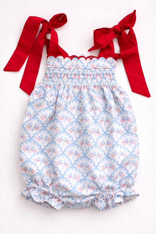 Baby Girl Patriotic Flag Bubble – 4th of July Outfit with Red Bow Straps | Sister Match Available