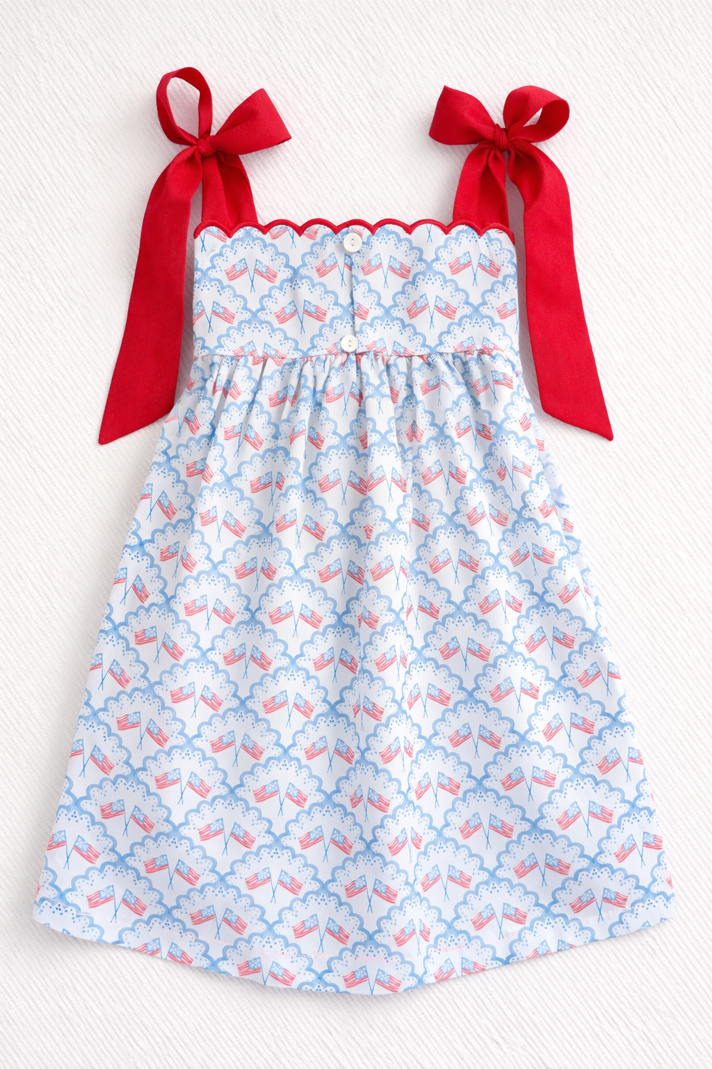 Girls 4th of July Dress | Patriotic Flag Sundress with Red Bow Straps