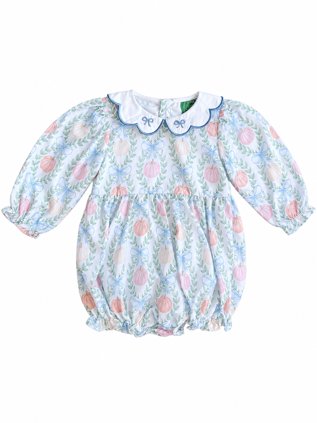 Girls long sleeve bubble romper with pastel pumpkin print, blue floral accents, and scalloped white collar with blue bow details.