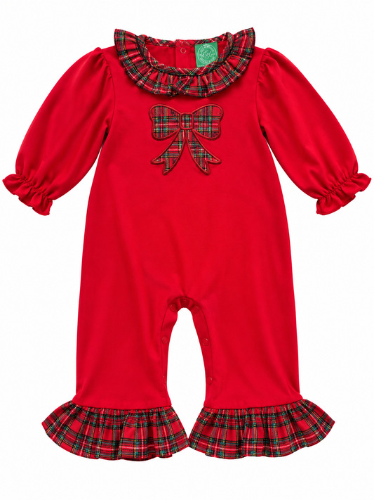 A baby girl's red long-sleeve romper featuring a green and red plaid ruffled collar, a matching plaid bow on the chest, and plaid ruffled hems at the ankles, shown against a plain white background.
