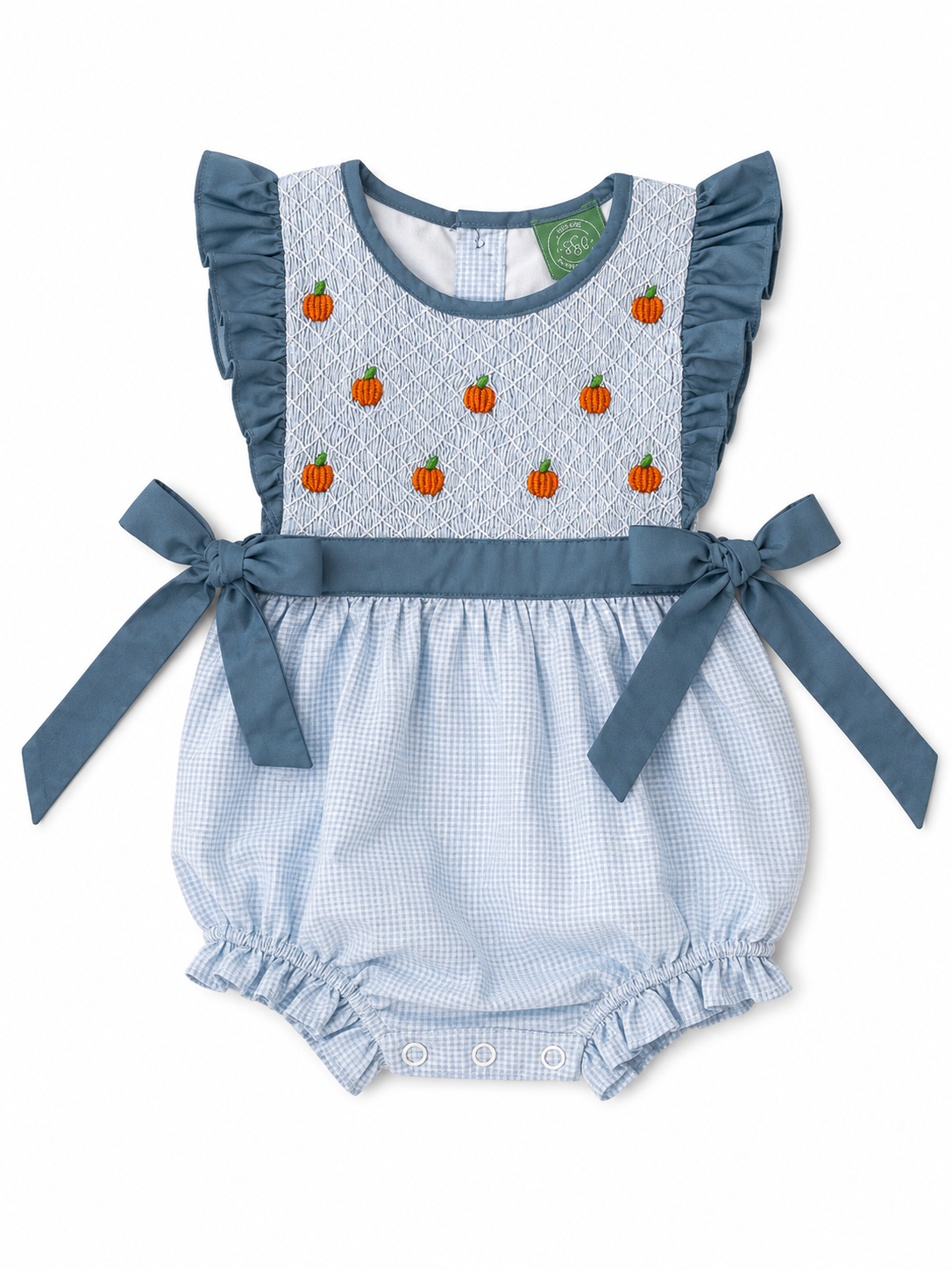 Girls Hand Smocked Blue Gingham Pumpkin Bubble