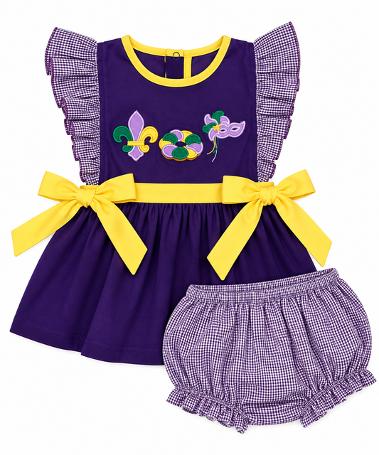 Girls Mardi Gras purple dress and gingham bloomer set with yellow bows and fleur-de-lis, beads and mask appliqués.