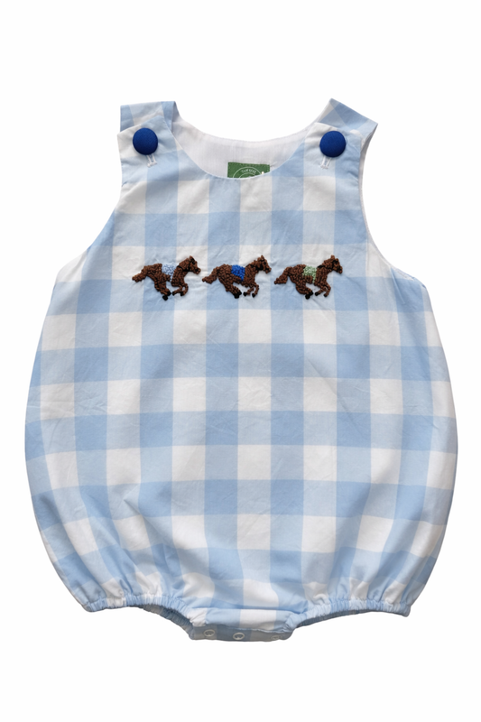 Boys French Knot Horse Derby Bubble – Blue Gingham Horse Racing Outfit